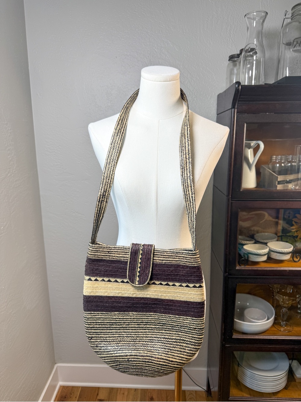 Handwoven Straw Crossbody Bag Boho Woven Shoulder Purse Brown Cream Stripe